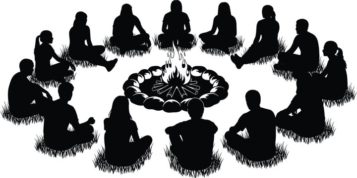 Black Silhouette of Group of Friends Sitting in a Circle Around a Campfire Outdoors on Grass Isolated on White Background Vector Illustration Art