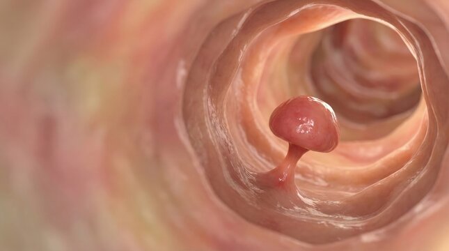 A close-up 3D illustration of a small polyp growing from the intestinal wall, depicting a common medical condition.
