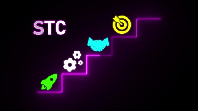 STC acronym with rocket gears handshake and target on neon stairs against dark background image photo