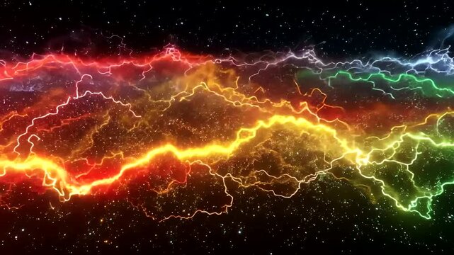 Vibrant Colorful Lightning Bolt Across Dark Background in a Digital Abstract Design