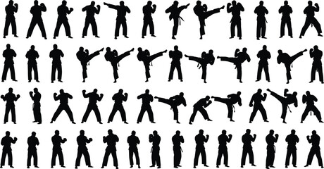 Comprehensive collection of black martial arts silhouettes featuring karate fighters in various combat stances punching and kicking isolated on a clean white background © Azufa