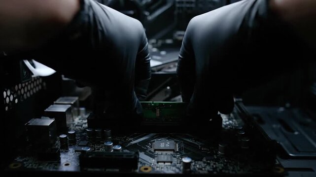 A technician, wearing black gloves, carefully installs a green RAM module into a dark PC motherboard inside a computer case. The process involves aligning and securing the component into the DIMM slo