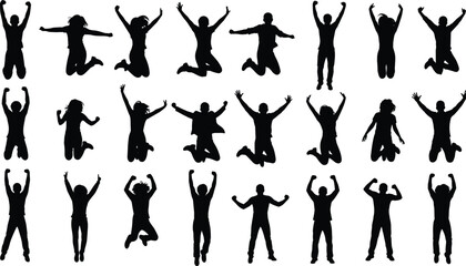 Fototapeta premium Large collection of black silhouettes showing diverse happy people jumping in air with raised hands celebrating success and freedom isolated on white background