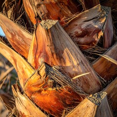 Close-up of a palm tree trunk's textured, layered bark