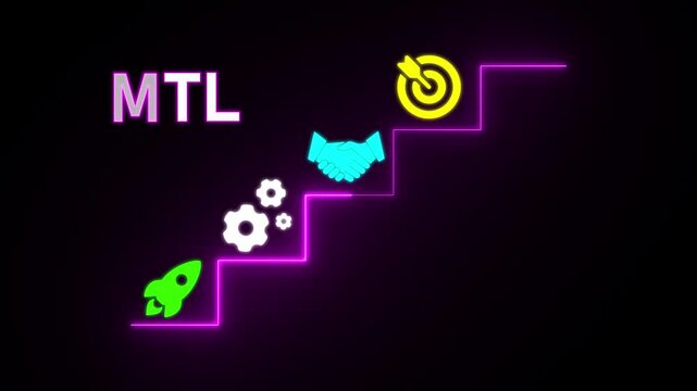 MTL acronym with rocket gears handshake and target on neon stairs against dark background image photo