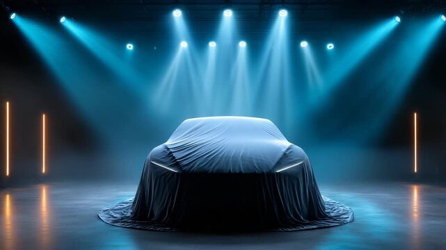 Car unveiling at a modern event with dramatic lighting effects