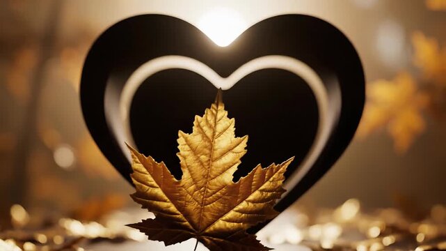 Golden Maple Leaf in Heart Shape Frame with Autumn Leaves and Bokeh Lights