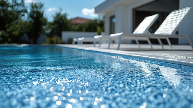 Crystal clear blue swimming pool water with sparkling reflections, a modern luxury villa, and sun loungers on a bright, sunny day.