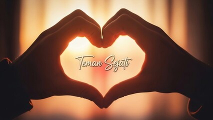 Obraz premium Hands forming heart shape with sunlight silhouette and teman sejati text