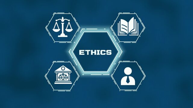  Business ethics and moral principles in legal system. Ethical conduct, justice icons, and corporate integrity concept on dark blue background.
