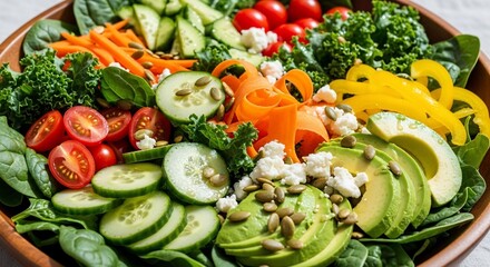 Fresh vegetable salad with tomatoes avocado cucumber and greens