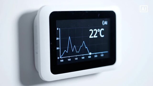 The video shows close-ups of a smart thermostat displaying temperature and a data graph. A person's hand continually adjusts the touchscreen interface, cycling between 21 &deg;C and 22 &deg;C settings, monit