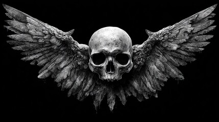 Dark Grungy Skull with Spread Feathered Wings on Black. Gothic Fantasy Death Symbol, Freedom, Ominous Flying Skull Art.