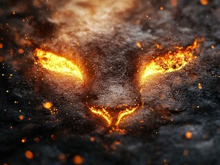 Mystical fiery big cat eyes glowing intensely from a dark, textured surface with sparks and embers, powerful and dangerous gaze