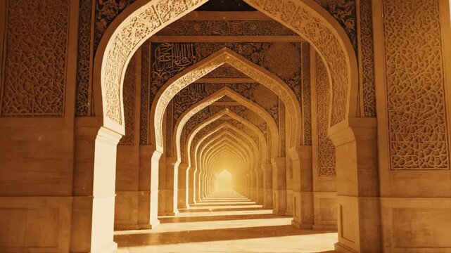 Long arched hallway with golden light and intricate patterns