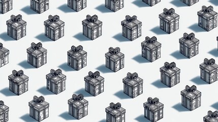 Abstract pattern of hand-drawn grayscale gift boxes with ribbons and bows, perfect for celebrations and holidays.