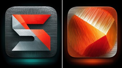 Abstract app icons with metallic S-shape and glowing faceted sphere, sleek digital design elements for technology concepts.