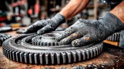 Gritty mechanic hands in dirty work gloves maintaining heavy industrial metal gears. Workshop maintenance and engineering concept.