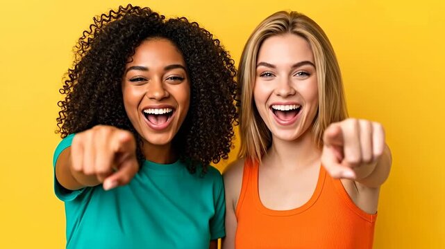 Two joyful friends pointing and laughing against a bright yellow background.