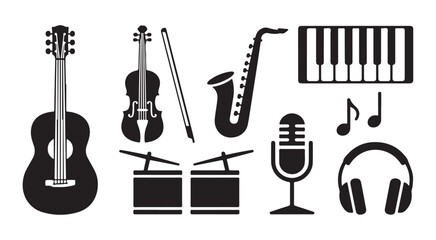 Music instruments silhouette pack with guitar violin saxophone drums keyboard microphone and headphones kit
