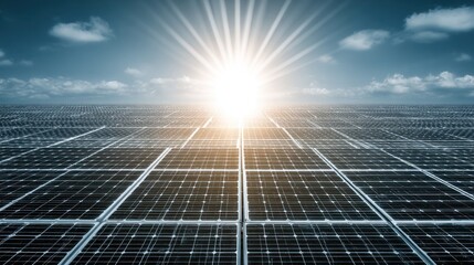 Expansive solar panel field under a bright, glowing sun, symbolizing renewable energy, sustainable technology, and clean power generation.
