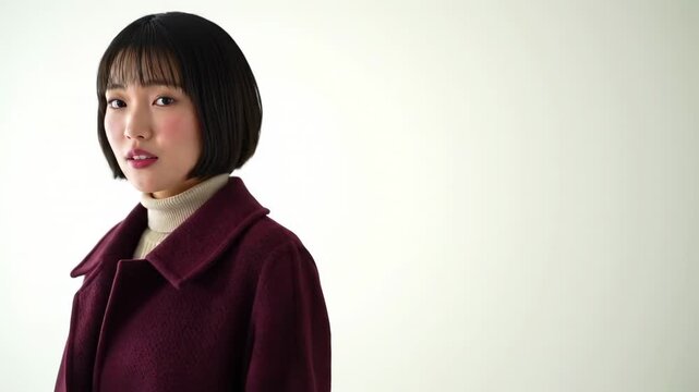 Portrait of a woman with dark hair and a wine-colored coat against an off-white background