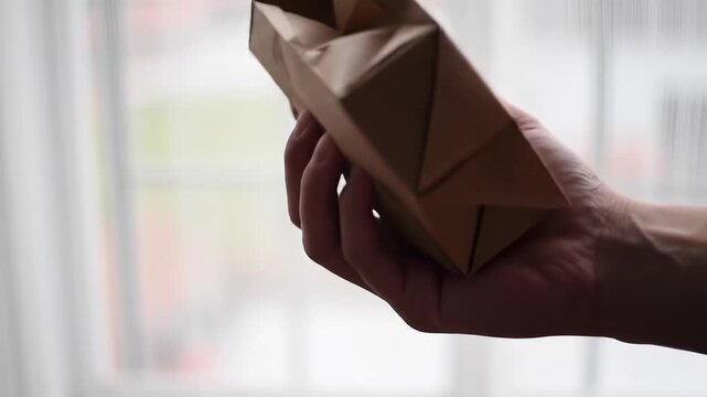 A hand holds a brown paper bag, mostly in focus, with a window backdrop