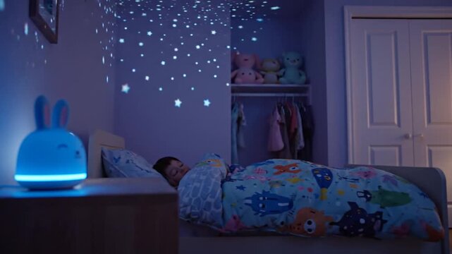 A child sleeps soundly while a bunny night light on the dresser cycles through different colors (white, green, blue), projecting starry patterns onto the walls and ceiling of the cozy, darkened bedro