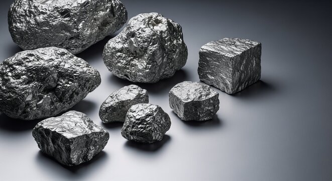 Group of raw silver or platinum mineral stones on grey background representing mining industry and wealth concept with copy space