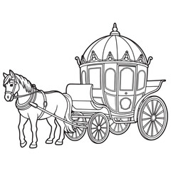 Horse-Drawn Carriage Line Art Coloring Page &ndash; Classic Black and White Illustration