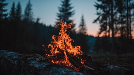 Campfire Burning Warmly in Forest at Sunset with Tall Trees and Evening Sky