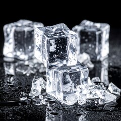 Three ice cubes arranged on a glossy black surface with scattered shattered fragments, creating a cold, refreshing feel