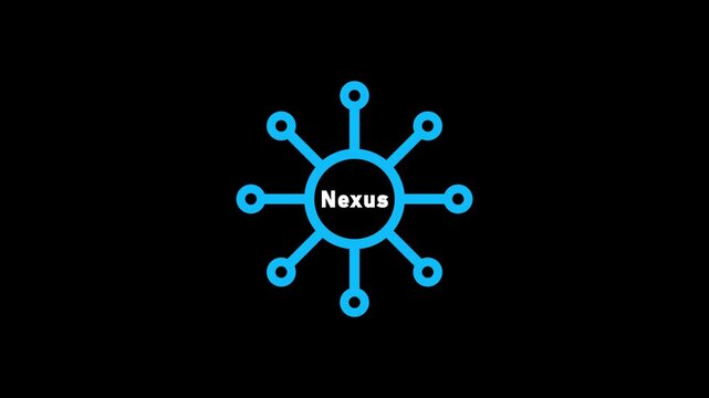 Blue network diagram with the word Nexus in the center on a black background connection communication