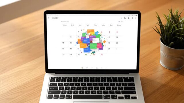 A dynamic desktop calendar application on a laptop screen animates, showing colorful event blocks expanding to display details (sec 1-3) and then contracting back into a condensed, centralized cluste