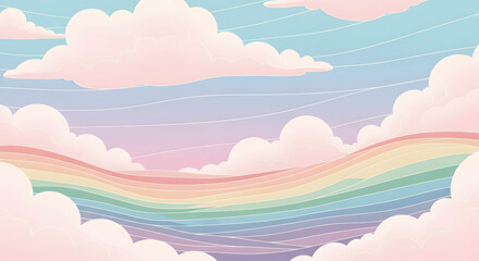 Fototapeta premium Vibrant rainbow landscape with fluffy clouds in pastel sky