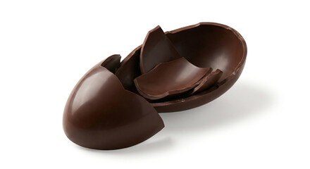 A broken chocolate Easter egg on a plain gray background