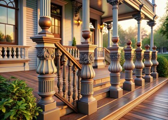 Classic ornamental railing surrounds a charming front porch with intricately carved balusters and decorative finials