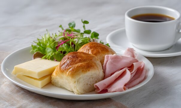 tasty breakfast, with fresh bread buns, sliced ham, cheese, some sallad, a white cup with fresh steming coffe