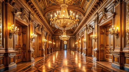 Fototapeta premium Grandiose French palace hallway adorned with lavish chandeliers and intricately carved wooden paneling
