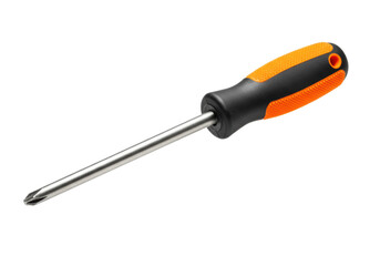 Oversized phillips head screwdriver with an orange and black ergonomic handle on a transparent background with copy space. Concept of industrial quality