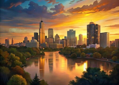 A tranquil evening descends upon Austins majestic skyline as golden hues dance across the river and trees, casting a serene glow over the vibrant ci