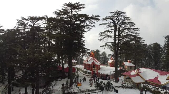Drone rising over Jakhu Temple Shimla to reveal giant Hanuman statue behind Deodar trees in shimla himachal pradesh india