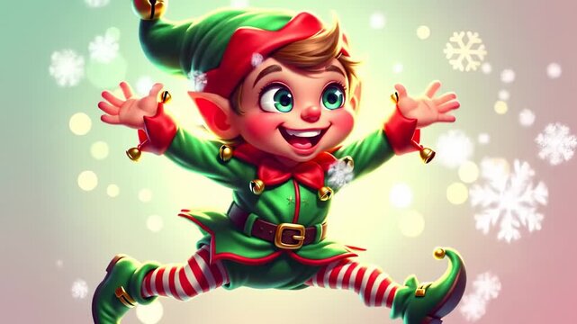 A joyful cartoon elf in festive attire leaps amidst snowflakes