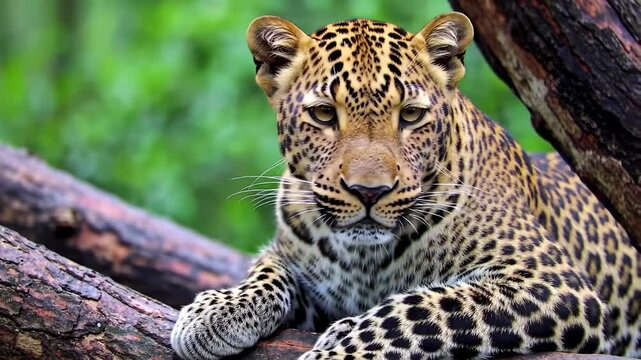 A leopard resting on a tree branch, observing, with spotted fur