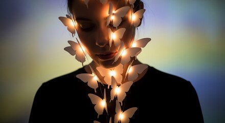 A minimalist portrait of a person in dark clothing, face softly illuminated by warm glowing fairy lights shaped like leaves, creating a dreamy and poetic mood, shallow depth of field, smooth bokeh bac