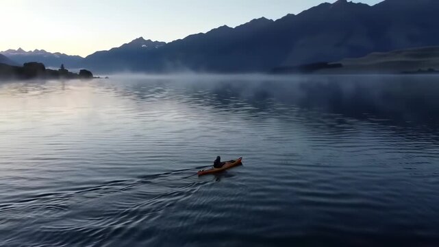 A kayak on a misty lake against mountains at sunrise