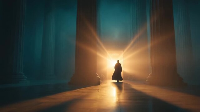 A solitary figure journeys into a realm of light and mystery, the scene steeped in shadows, with light beam from the door. 
