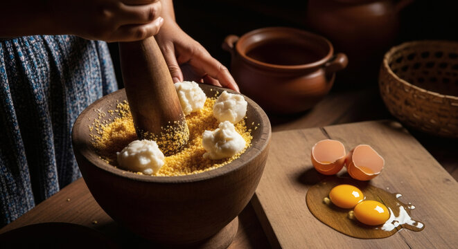 Fresh Corn Kernels Grinding In Mortar Within Rustic Guarani Kitchen