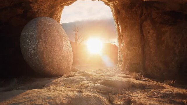 The radiant and spiritual scene, sunlight streams through an open cave, illuminating the stone and the path ahead. the scene evokes the feelings of hope and the triumph of light.