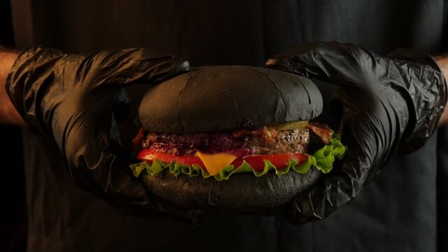 Creative Gourmet Burger in Black Bun, Food Background with Copy Spac